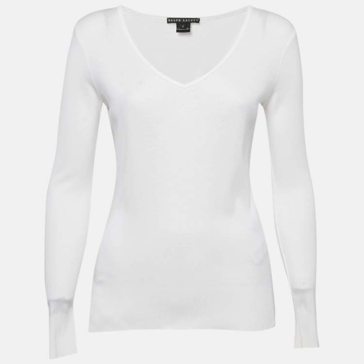 Pre Owned Ralph Lauren White Cotton Knit V-Neck Sweatshirt S