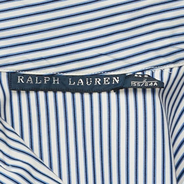 Pre Owned Ralph Lauren Blue Stripe Cotton Neck Detail Button Front Blouse S