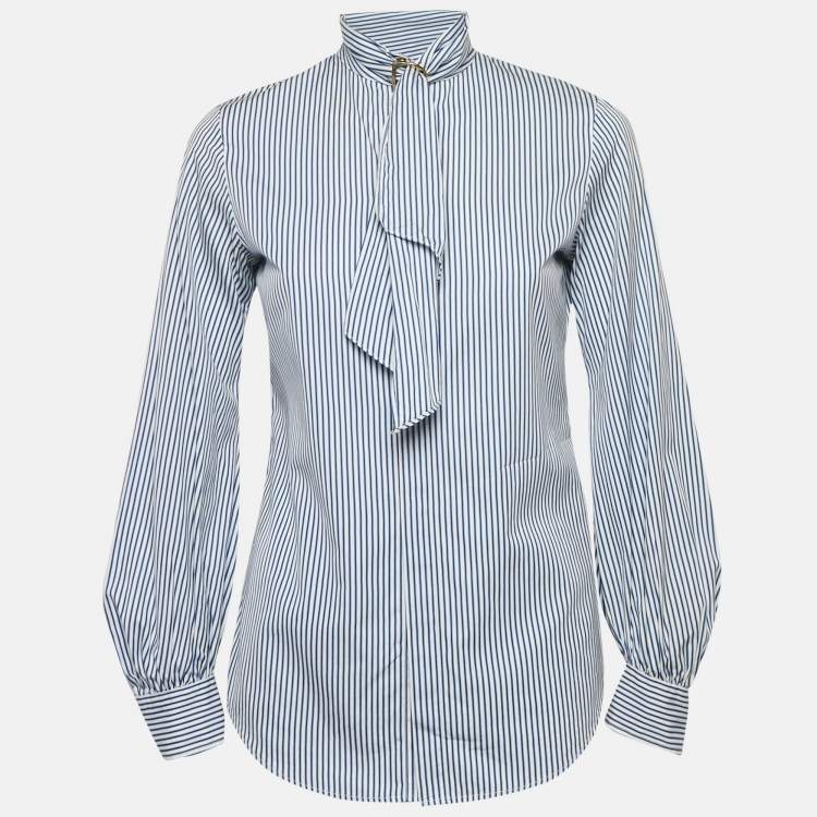 Pre Owned Ralph Lauren Blue Stripe Cotton Neck Detail Button Front Blouse S
