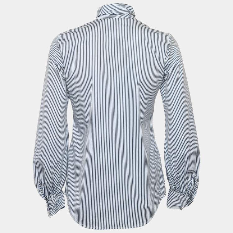 Pre Owned Ralph Lauren Blue Stripe Cotton Neck Detail Button Front Blouse S