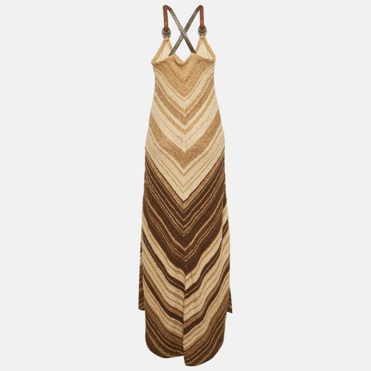 Pre Owned Ralph Lauren Brown Leather Trim Hand Knitted Maxi Dress S