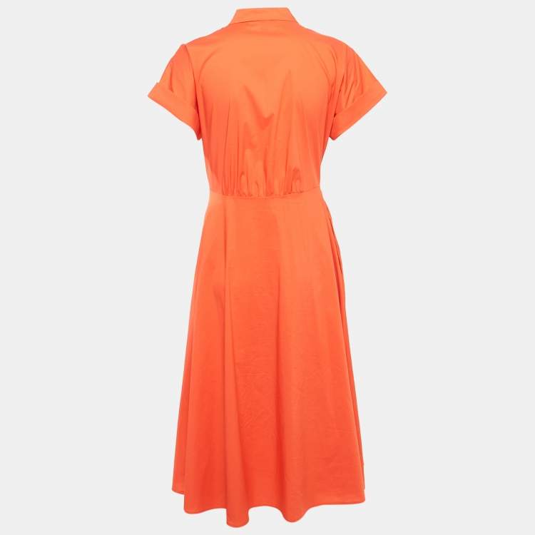 Pre Owned Lauren Ralph Lauren Orange Cotton Tie-Up Detail Midi Dress M