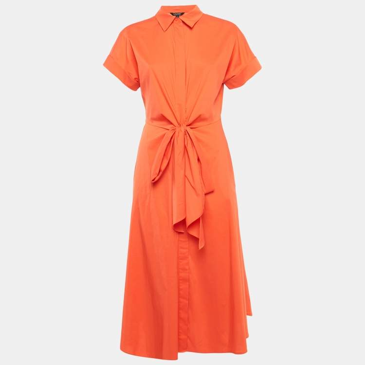 Pre Owned Lauren Ralph Lauren Orange Cotton Tie-Up Detail Midi Dress M