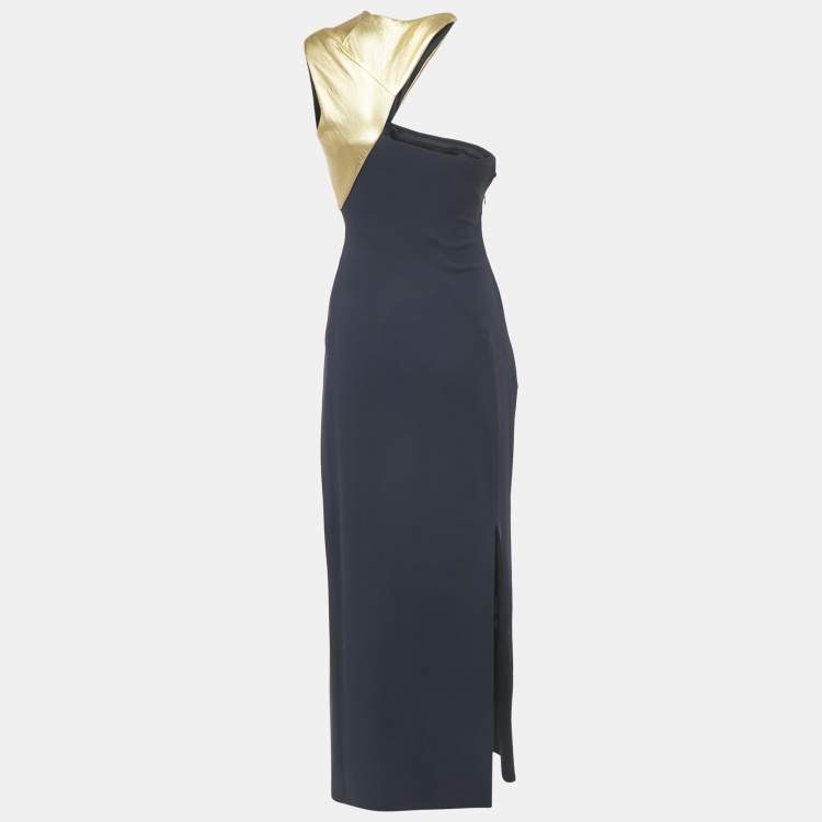 Pre Owned Ralph Lauren Blue/Gold Leather Trim Crepe Maxi Dress S