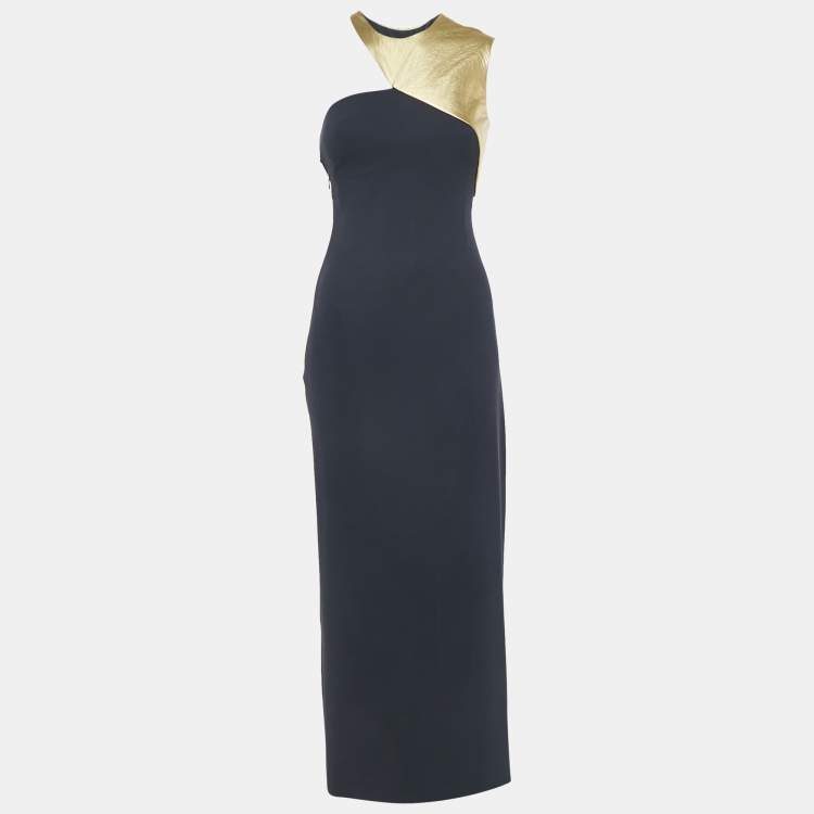 Pre Owned Ralph Lauren Blue/Gold Leather Trim Crepe Maxi Dress S