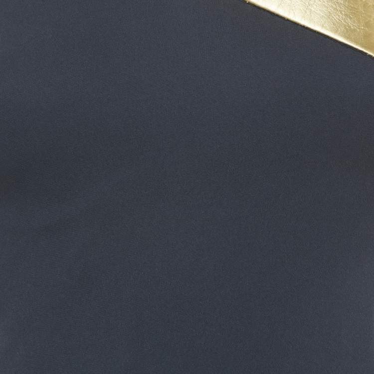 Pre Owned Ralph Lauren Blue/Gold Leather Trim Crepe Maxi Dress S