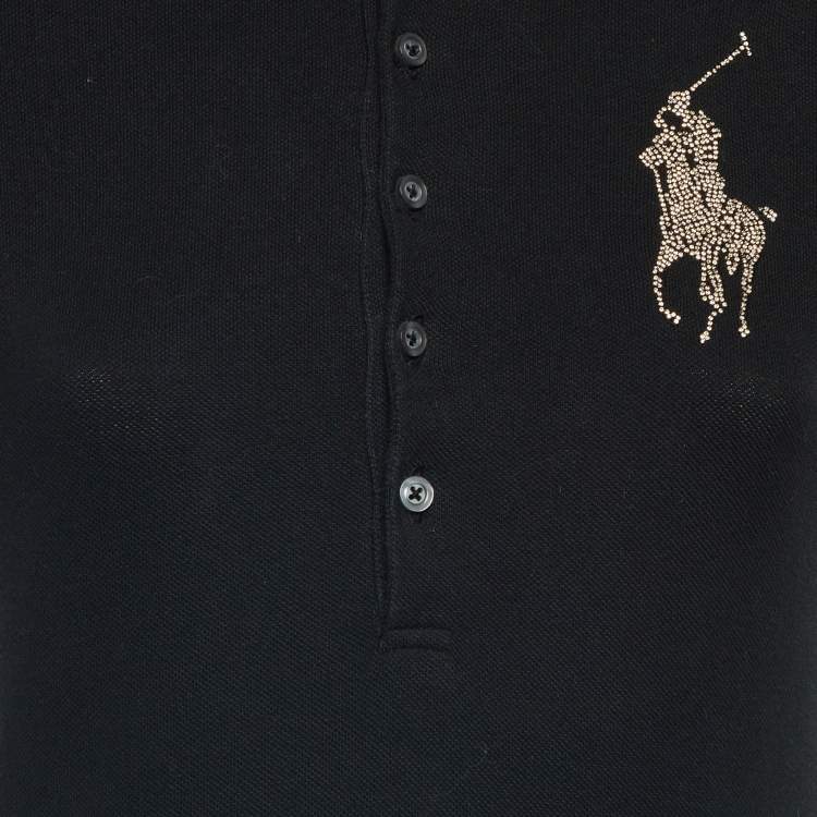 Pre Owned Ralph Lauren Black Cotton Embellished Logo Polo Dress S