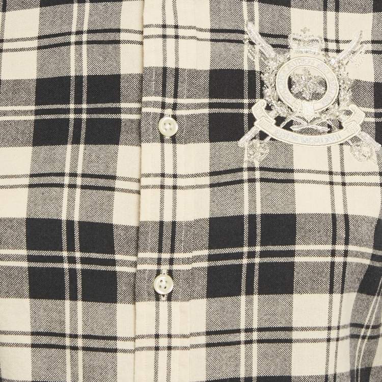 Pre Owned Ralph Lauren Navy Blue /Beige Flannel Cotton Blend Slim Fit Shirt S