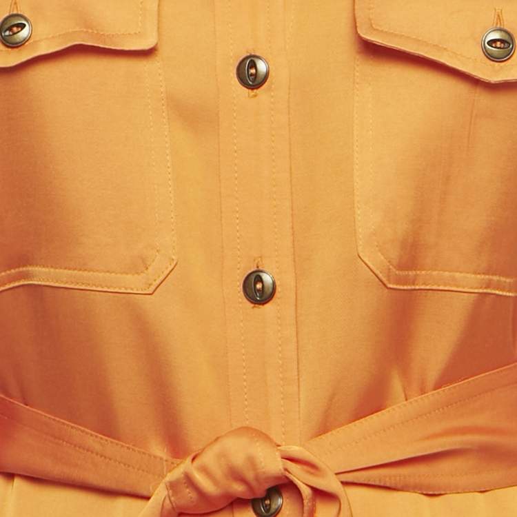 Pre Owned Ralph Lauren Orange Satin Belted Shirt Dress S 