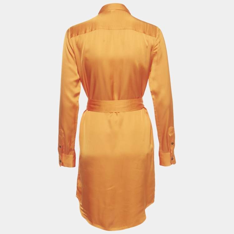 Pre Owned Ralph Lauren Orange Satin Belted Shirt Dress S 