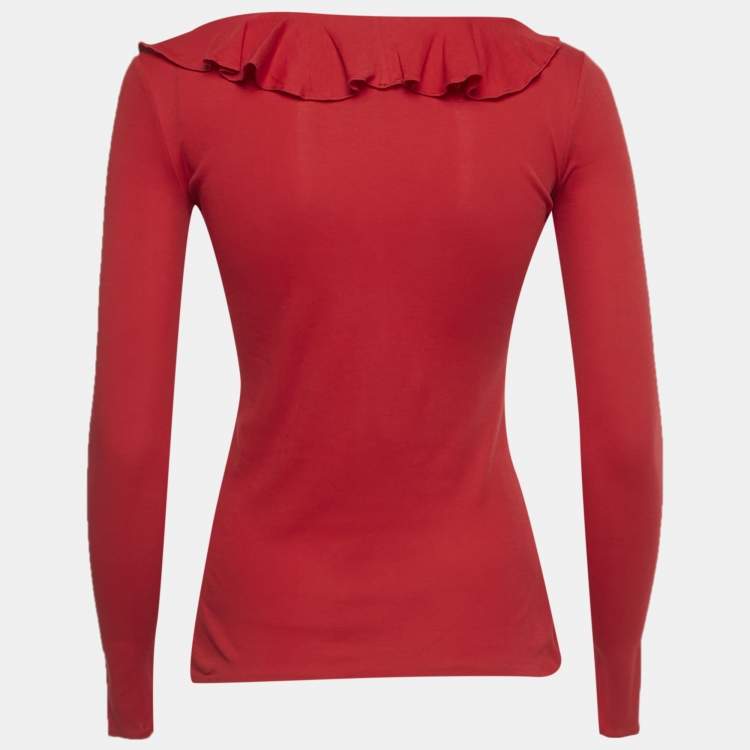 Pre Owned Ralph Lauren Red Jersey Ruffled Long Sleeve Top XS