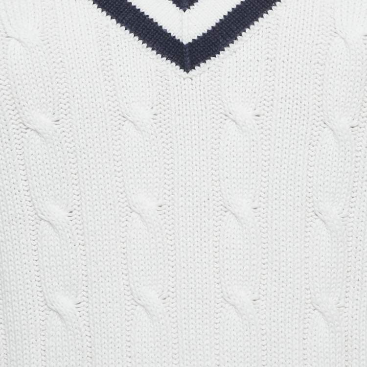Pre Owned Ralph Lauren Sports White Cable Knit V-Neck Sweater M