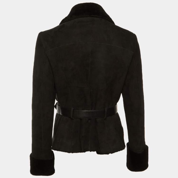 Pre Owned Ralph Lauren Black Shearling lined Belted Jacket L