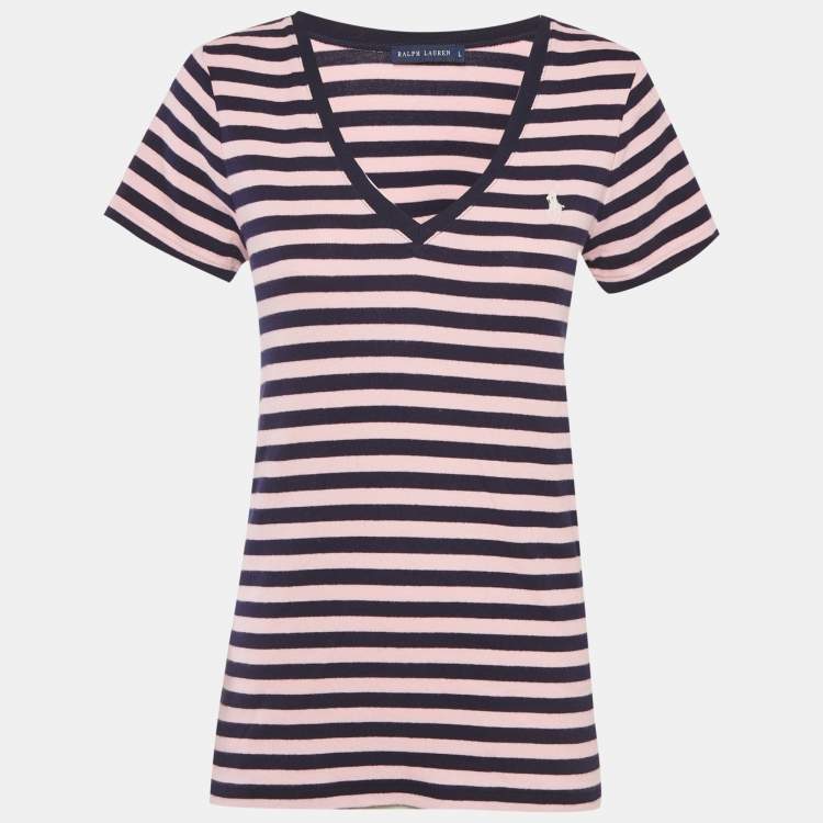 Pre Owned Ralph Lauren Pink & Navy Blue Striped Cotton Knit V-Neckk T-Shirt L