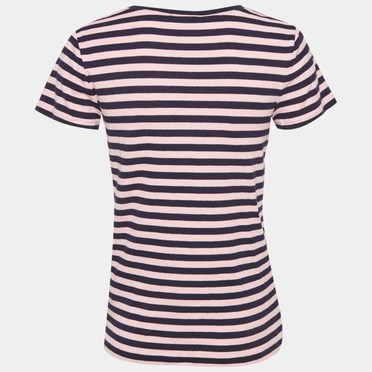 Pre Owned Ralph Lauren Pink & Navy Blue Striped Cotton Knit V-Neckk T-Shirt L