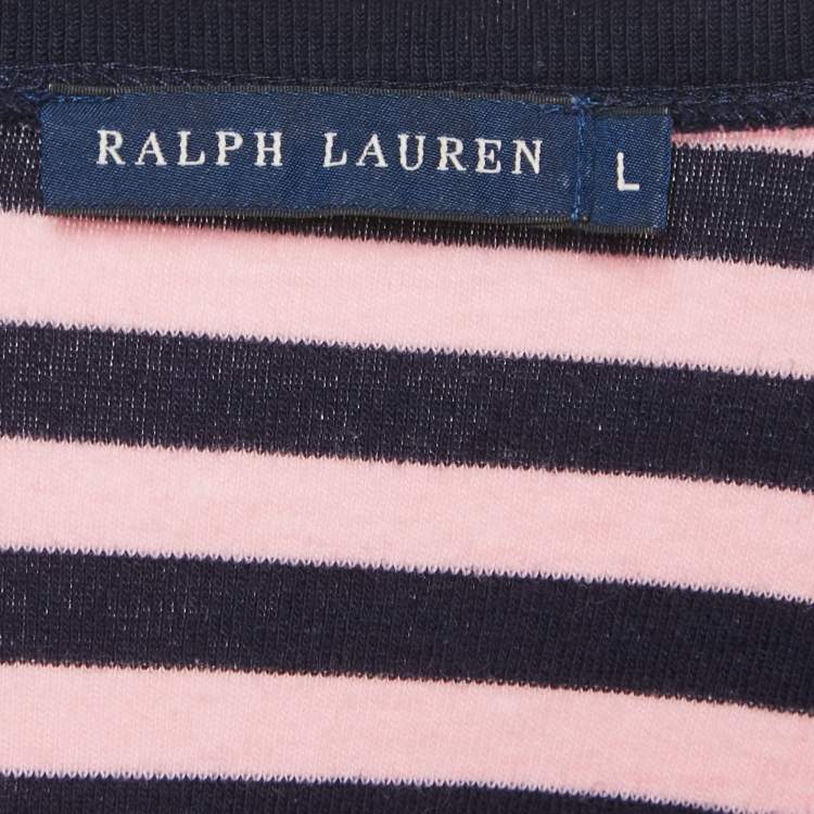 Pre Owned Ralph Lauren Pink & Navy Blue Striped Cotton Knit V-Neckk T-Shirt L
