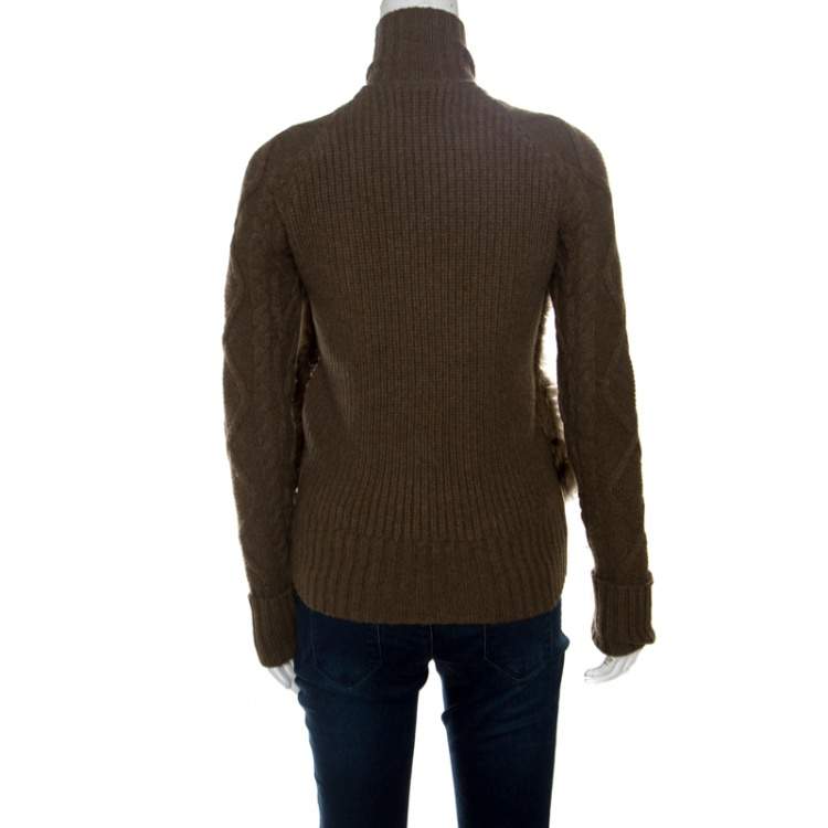 Pre Owned Ralph Lauren Brown Wool and Angora Knit Fur Panel Detail Zip Front Jacket XS