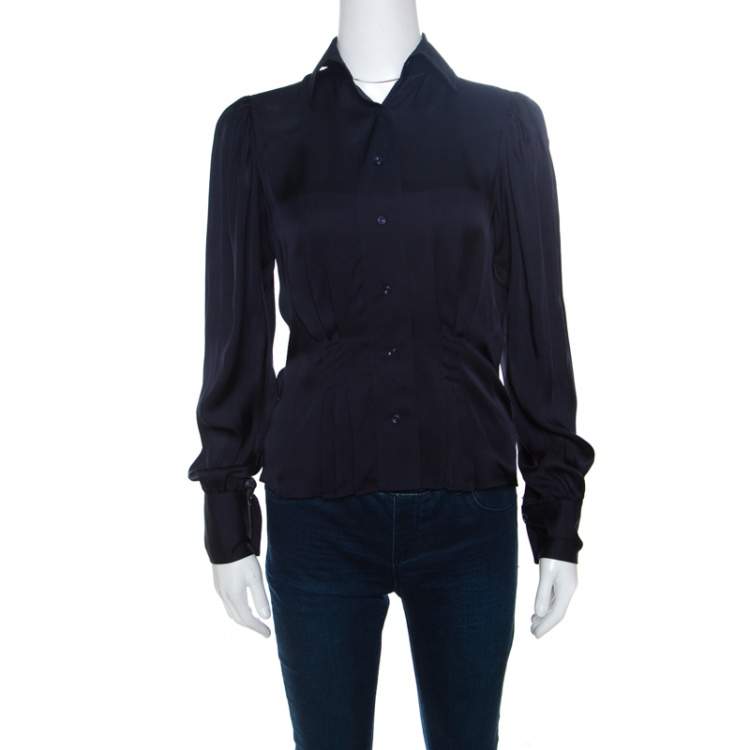 Ralph Lauren Navy Blue Silk Satin Pleat Detail Button Front Shirt S ...