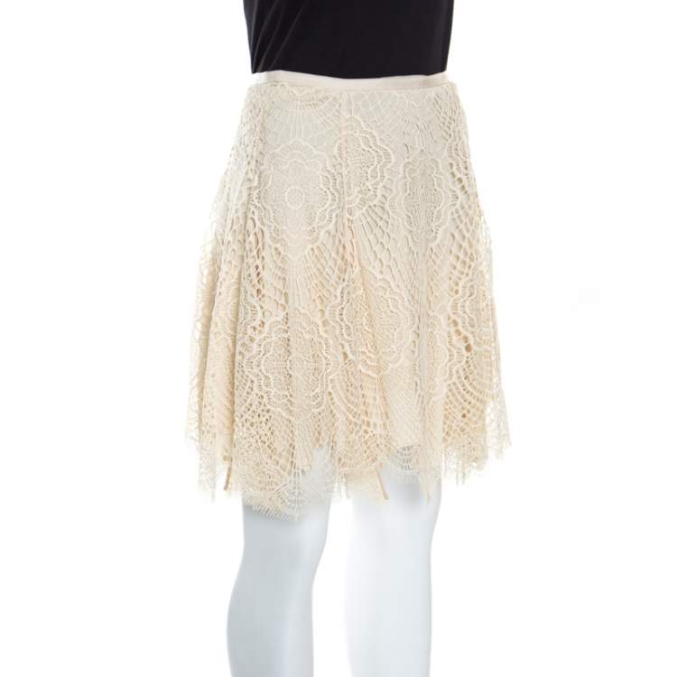 Pre Owned Ralph Lauren Beige Floral Scalloped Lace Flared Mini Skirt S