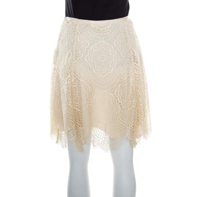 Pre Owned Ralph Lauren Beige Floral Scalloped Lace Flared Mini Skirt S