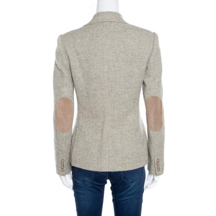 مملوكة مسبقًا Ralph Lauren Beige and Grey Suede Elbow Patch Detail Wool Alpaca Blazer S