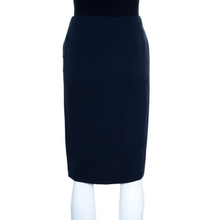 Pre Owned Ralph Lauren Navy Blue Silk Crepe Faux Wrap Kristen Skirt M