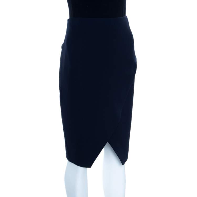 Pre Owned Ralph Lauren Navy Blue Silk Crepe Faux Wrap Kristen Skirt M