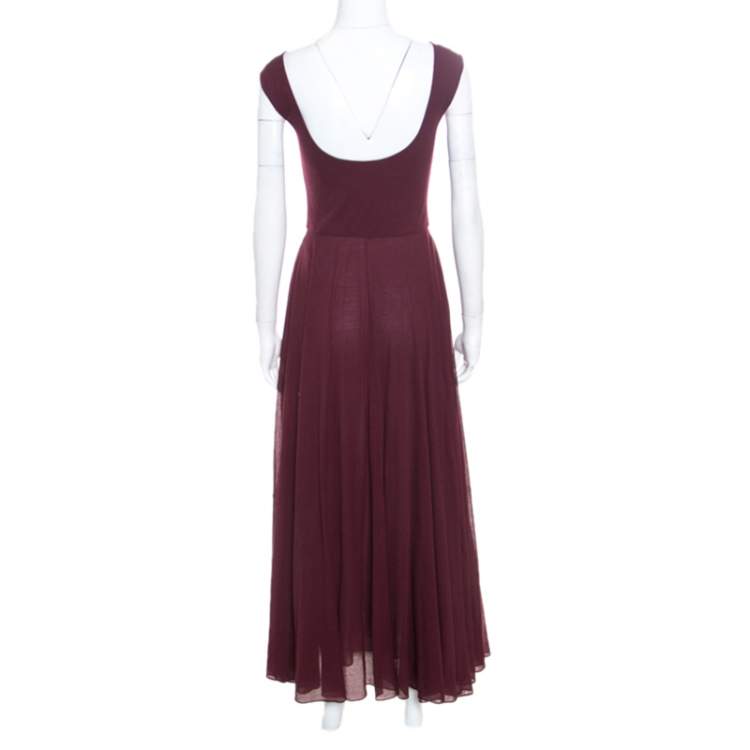 Pre Owned Ralph Lauren Burgundy Cotton Knit Sleeveless Fit and Flare Maxi Dress XS