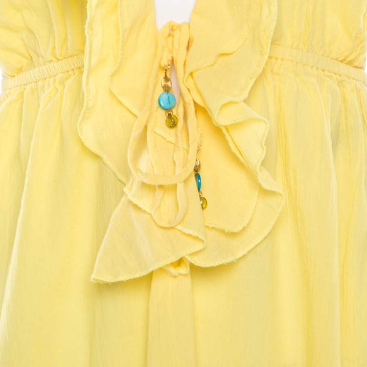 Pre Owned Ralph Lauren Yellow Crinkled Cotton Ruffled Halter Sundress M