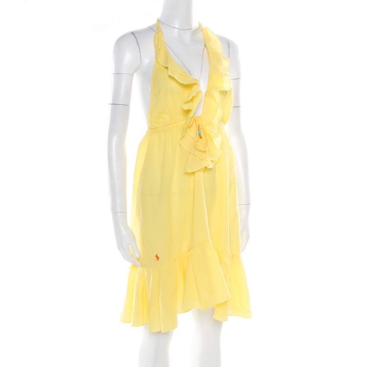 Pre Owned Ralph Lauren Yellow Crinkled Cotton Ruffled Halter Sundress M
