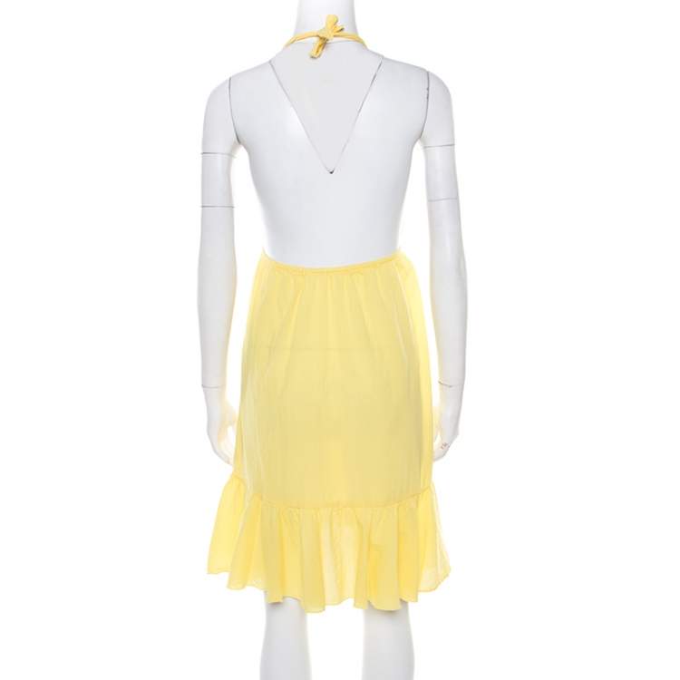 Pre Owned Ralph Lauren Yellow Crinkled Cotton Ruffled Halter Sundress M
