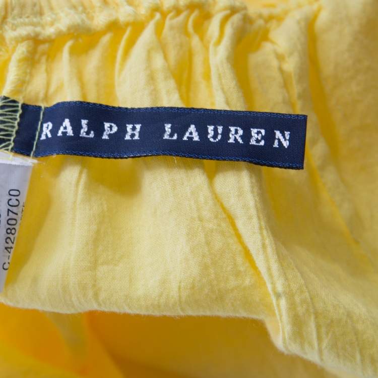 Pre Owned Ralph Lauren Yellow Crinkled Cotton Ruffled Halter Sundress M