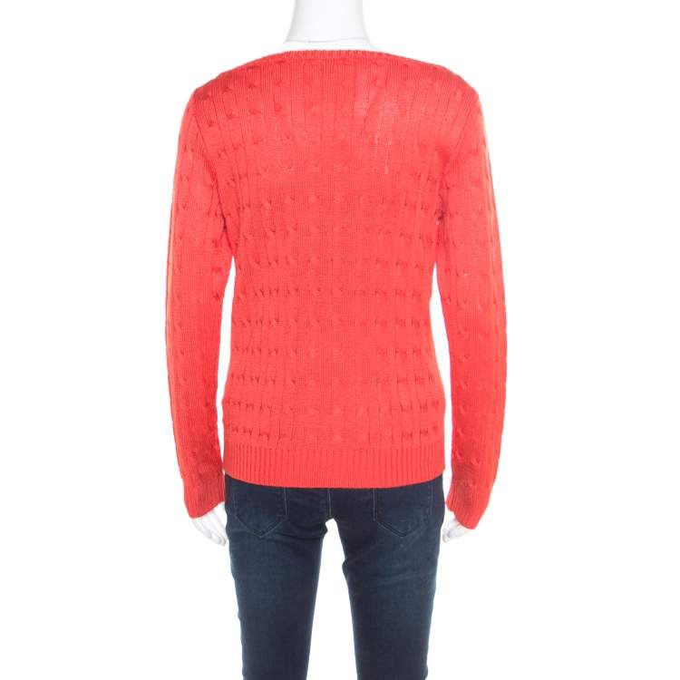 مملوكة مسبقًا Ralph Lauren Coral Pink Silk Cable Knit Bateau Neck Pullover L