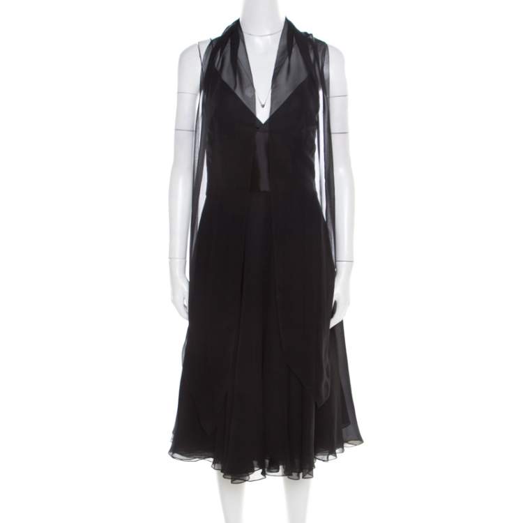 Pre Owned Ralph Lauren Black Silk Sleeveless Flared Dress M