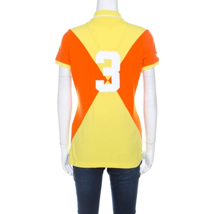 Pre Owned Ralph Lauren Yellow and Orange Honeycomb Knit Skinny Fit Polo T Shirt M 