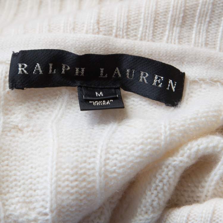 Pre Owned Ralph Lauren Cream Cable-Knit Cashmere Shawl Collar Strap Detail Jumper M