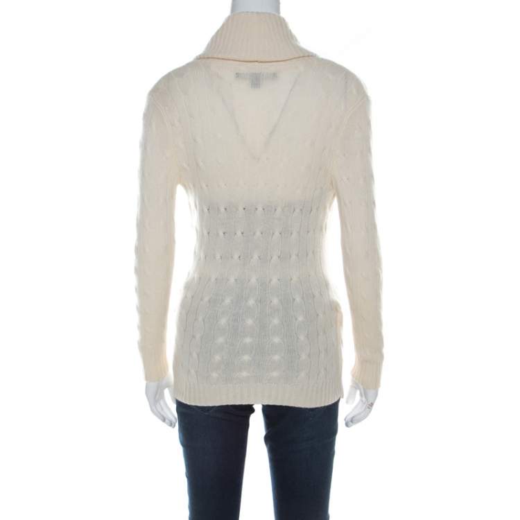 Pre Owned Ralph Lauren Cream Cable-Knit Cashmere Shawl Collar Strap Detail Jumper M