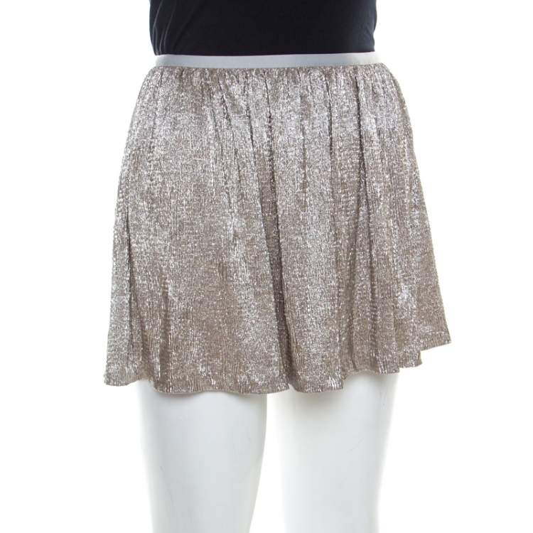 Pre Owned Ralph Lauren Gold Crinkled Crepe Elasticized Waist Mini Skirt M 