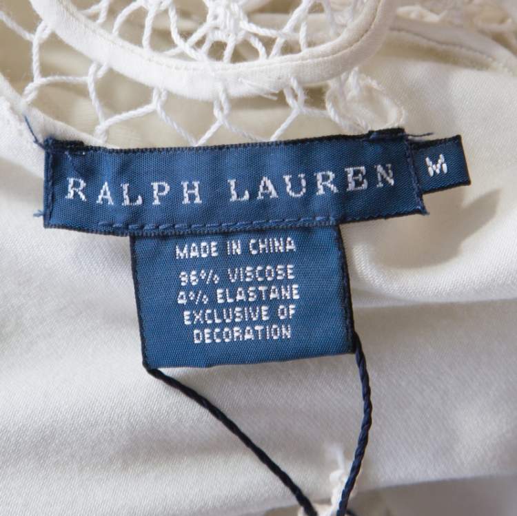 Pre Owned Ralph Lauren Cream Stretch Jersey Crochet Trimmed Long Sleeve Shrug M 