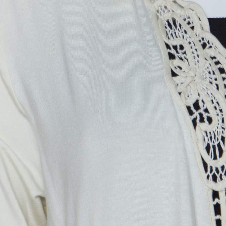 Pre Owned Ralph Lauren Cream Stretch Jersey Crochet Trimmed Long Sleeve Shrug M 