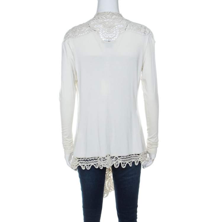 Pre Owned Ralph Lauren Cream Stretch Jersey Crochet Trimmed Long Sleeve Shrug M 