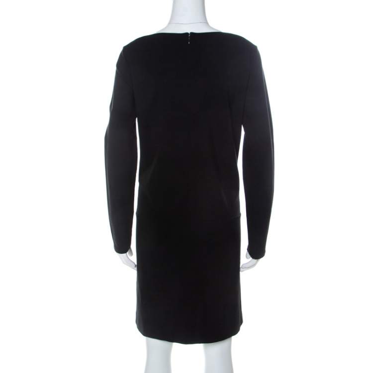 Pre Owned Ralph Lauren Black Stretch Knit Leather Trim Detail Shift Dress L 