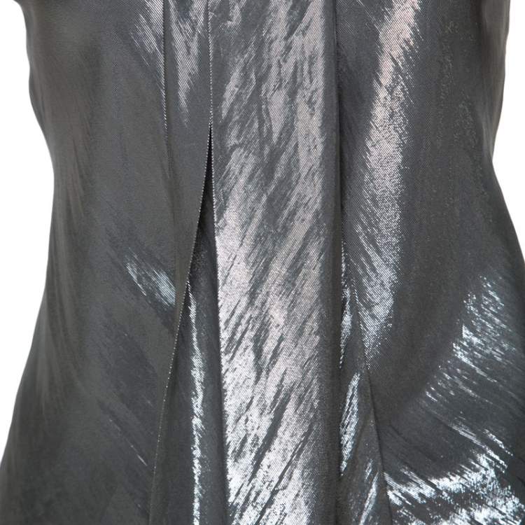 مملوكة مسبقًا Ralph Lauren Silver Silk Blend Tie Neck Detail Button Front Top M 