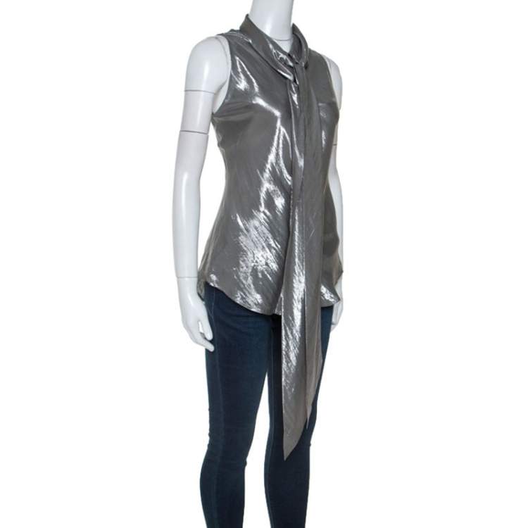 مملوكة مسبقًا Ralph Lauren Silver Silk Blend Tie Neck Detail Button Front Top M 
