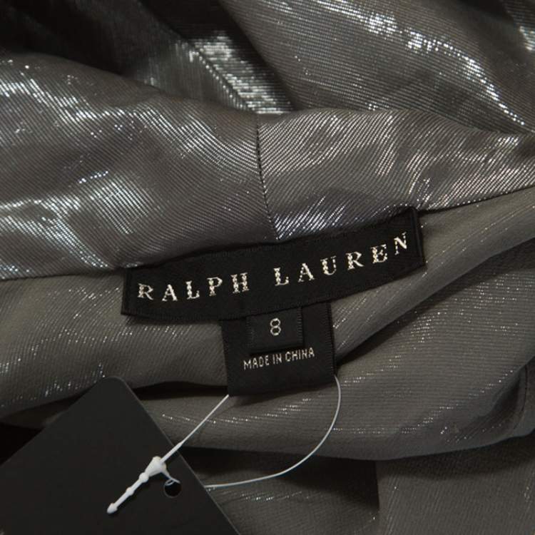 مملوكة مسبقًا Ralph Lauren Silver Silk Blend Tie Neck Detail Button Front Top M 