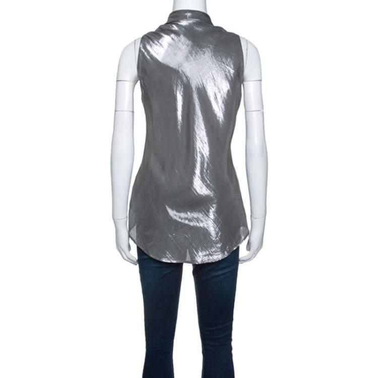 مملوكة مسبقًا Ralph Lauren Silver Silk Blend Tie Neck Detail Button Front Top M 