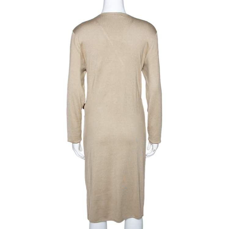 مملوكة مسبقًا Ralph Laurent Beige Silk Knit Leather Strap Detail Fitted Dress L