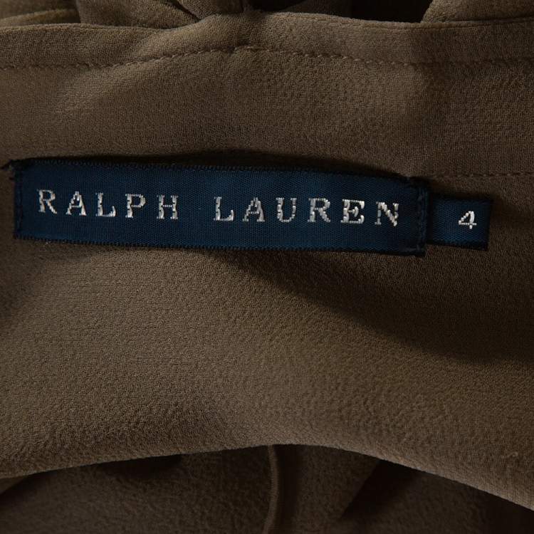 Pre Owned Ralph Lauren Khaki Silk Bow Tie Front Sheer Blouse S