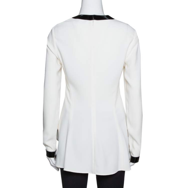 Pre Owned Ralph Lauren Off White Crepe Contrast Leather Trim Blouse S