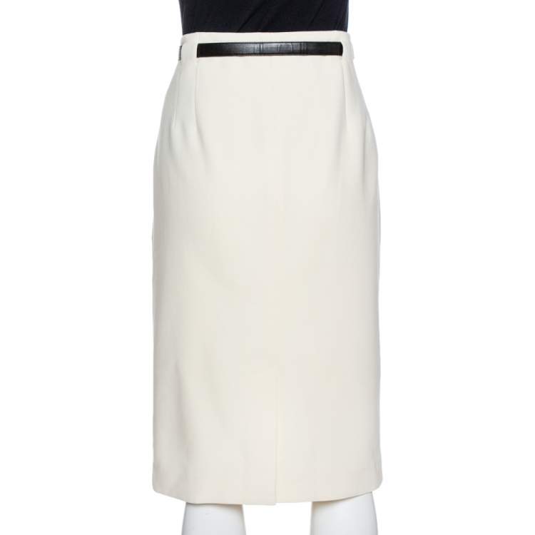 Pre Owned Ralph Lauren Cream Wool Crepe Belted Skirt L 